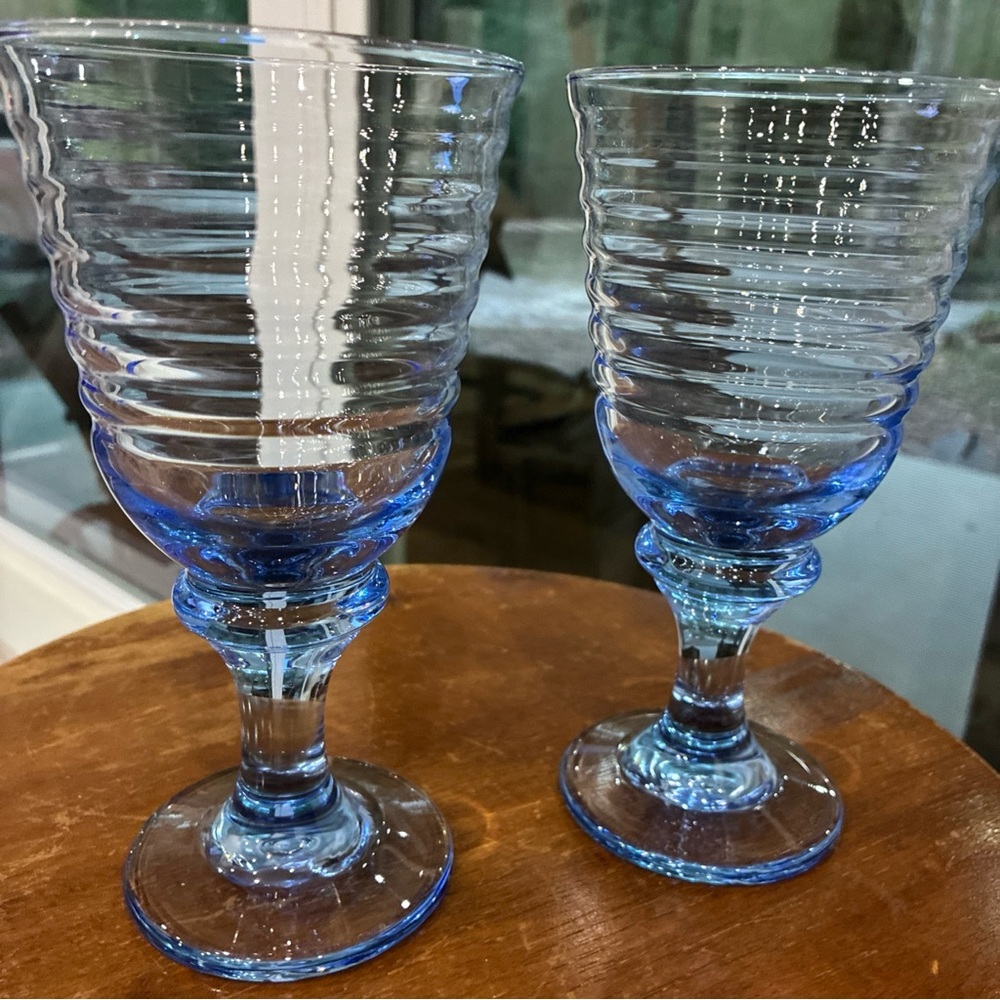 Libbey Blue Ribbed Stemmed Goblets - Pair